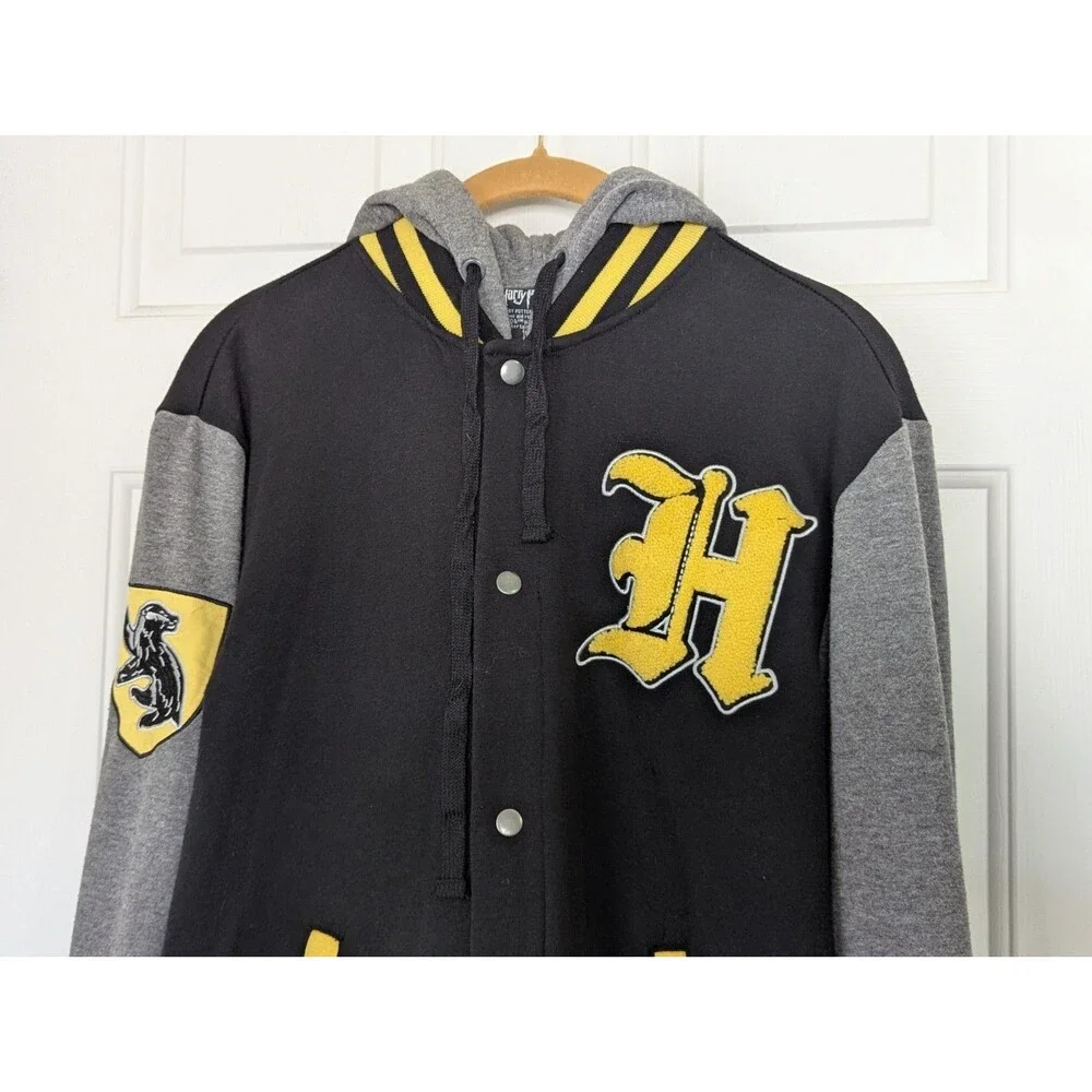 Harry Potter Hufflepuff Varsity Jacket Unisex Small Hooded Black Yellow Pockets